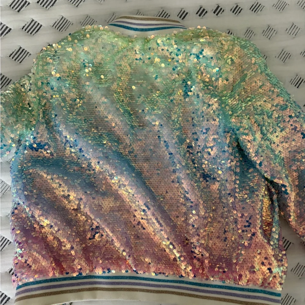 Lola + The Boys Iridescent Sequin Pastel Bomber Jacket - Pink, Blue, Green - Picture 4 of 4